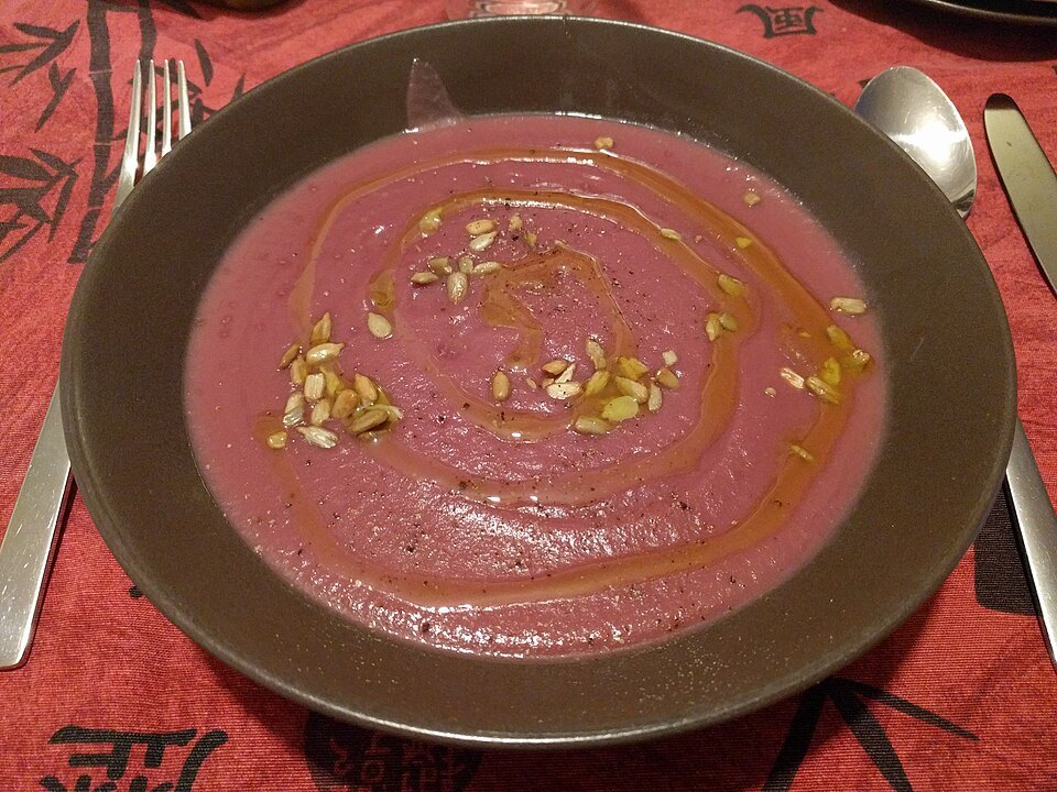Salmorejo: thicker than gazpacho, eaten with a spoon. This one is made with beetroot.